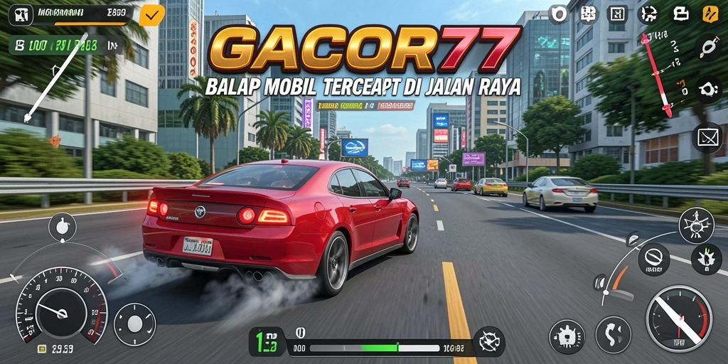Gameplay seru GACOR77 menunjukkan mobil balap di lintasan.