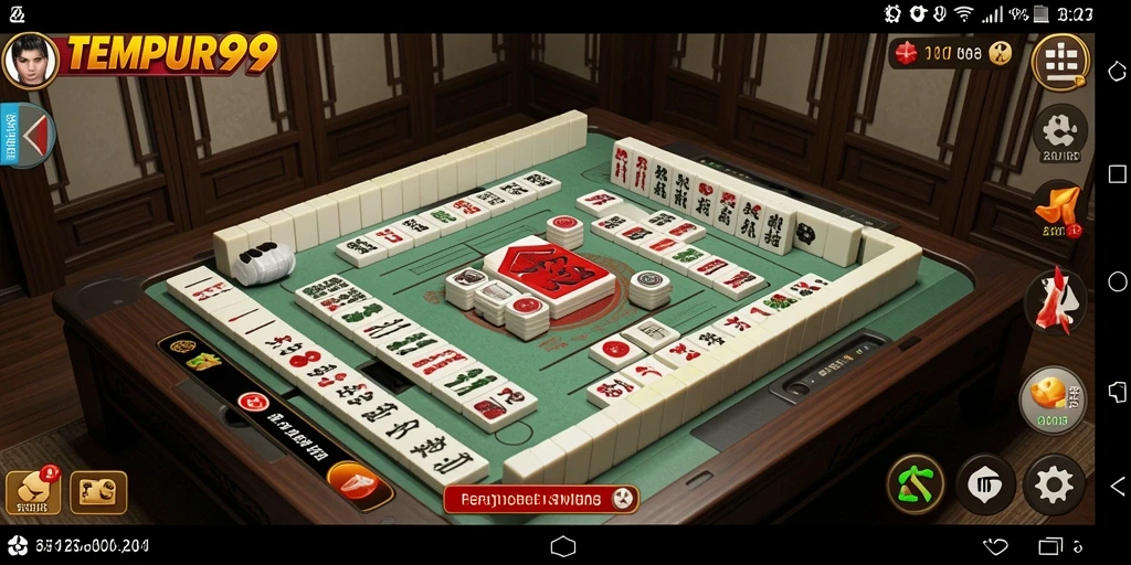 Screenshot gameplay TEMPUR99 yang menunjukkan pertandingan Mahjong yang seru.